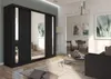 A modern bedroom or living room setting with a large black sliding door wardrobe with mirrored panels. Produktbild-Vorschau
