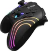 A black Nintendo Switch controller with colorful LED lighting. Produktbild-Vorschau