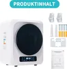 A white mini clothes dryer is shown with various accessories and an instruction manual, presented on a white background. Produktbild-Vorschau