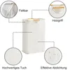 A white laundry basket with callouts highlighting its features. Produktbild-Vorschau