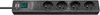 A close-up, straight-on view of a black power strip with four outlets and a green power switch. Produktbild-Vorschau