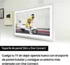 A Samsung TV mounted on a wall, displaying an image of two people on a scooter. Text below describes the wall mount and One Connect. Produktbild-Vorschau