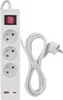 A white power strip with three outlets, a red power switch, and two USB ports, along with its white power cord and plug, is displayed against a white background. Produktbild-Vorschau