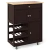 A dark brown kitchen cart with a wooden top and wine rack. Produktbild-Vorschau