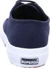 The back view of a navy blue Superga sneaker with a white sole. Produktbild-Vorschau