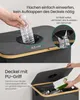 A split image showing a trash can with a bottle being inserted into a top opening, and a second view of the trash can lid being opened to insert a larger item. Produktbild-Vorschau