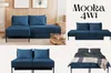 A collage of images showing a blue sofa in different configurations and a bed with bedding. Produktbild-Vorschau