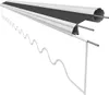 A close-up, angled view of a rolled-up awning fabric with a dark gray stripe and a wavy white edge. Produktbild-Vorschau