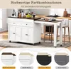 A kitchen island with an extendable countertop, shown in a kitchen setting with bar stools. Below the main image are close-up views of different color combinations for the product. Podgląd zdjęcia produktu