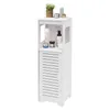 A white floor cabinet with a slatted door and an open shelf, displaying various toiletries and a small potted plant on top. Náhled obrázku produktu