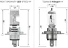 Comparison of a NIGHT BREAKER LED SPEED H4 headlight bulb with a Traditional Halogen H4 bulb, showing dimensions. Produktbild-Vorschau