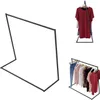 A black metal clothing rack is shown in three different views against a white background. One view shows the empty rack, another shows a red t-shirt on a hanger on a similar rack, and the third shows a rack with several items of clothing. Anteprima dell’immagine prodotto