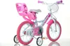 A pink and white children's bicycle with training wheels, displayed against a white background. Podgląd zdjęcia produktu