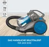 A vacuum cleaner is shown on a wooden floor, with marketing text and feature callouts. Produktbild-Vorschau