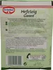 The image shows the back of a food product packaging for baking yeast. Produktbild-Vorschau
