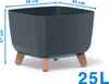 A dark grey square planter with wooden legs is shown against a white background, with dimensions and capacity indicated by text overlays. Náhled obrázku produktu