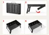 Collage of four images showing the assembly steps of a black foldable charcoal grill. Náhled obrázku produktu