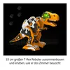 A robotic T-Rex dinosaur toy with glowing green eyes against a black background with subtle dot pattern. There are also three faint handprint graphics in the top left corner. Náhled obrázku produktu