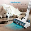 A white dog lies on the floor next to a cordless vacuum cleaner that is cleaning up dirt. Produktbild-Vorschau