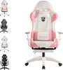 A pink and white gaming chair with a footrest and pillows is shown from the front. Anteprima dell’immagine prodotto