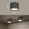 A diagram showing the dimensions of a ceiling light fixture, followed by a lifestyle shot of two such fixtures installed on a concrete ceiling. Podgląd zdjęcia produktu