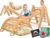 A collage of children's wooden climbing toys and educational accessories, with two babies interacting with the equipment. Produktbild-Vorschau