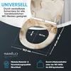 A toilet seat with a decorative pattern, showing dimensions and features. Produktbild-Vorschau