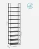 A tall, black, multi-tiered shoe rack shown with dimensions indicated by measurement lines and text. Náhled obrázku produktu