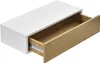 A white floating shelf with a wooden drawer pulled out, shown against a white background. Náhľad obrázku produktu