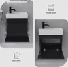 A collage of images showing a wall-mounted bathroom vanity with a sink and cabinet. One image shows the cabinet closed, and the other shows it open, demonstrating storage space and soft-close hinges. There are also icons and text indicating features. Produktbild-Vorschau