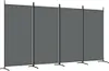 A four-panel room divider with gray fabric screens and black metal frames, standing on white bases. Voir les images du produit