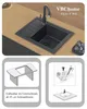 A collage of images showing a black kitchen sink with a faucet, an illustration of a sink installation, and a diagram of sink installation steps. Produktbild-Vorschau