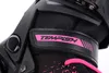 A close-up view of a black and pink inline skate, focusing on the brand logo and laces. Voir les images du produit