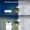 Split image showing a security camera with different lighting modes and app controls. Produktbild-Vorschau