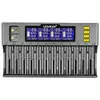 A front view of a 12-slot battery charger with a digital display showing battery status. Voir les images du produit