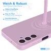 A close-up of a purple phone case with liquid being poured onto it, creating ripples. Text overlays describe the features of the case. Produktbild-Vorschau