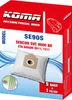 The image shows the packaging for KOMA antibacterial vacuum cleaner bags, model SE90S, designed for Sencor SVC 9000 BK and ETA ADAGIO vacuum cleaners. It highlights the quantity of bags and filters included. Náhled obrázku produktu