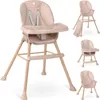 A collage of images showing a pink baby high chair from different angles and configurations. Voir les images du produit