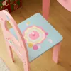 A close-up of a child's pink chair with a light blue seat decorated with a colorful, circular design and small pink hearts and circles. A rainbow design is visible on the backrest. Podgląd zdjęcia produktu