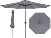 A gray patio umbrella is shown in three different views: fully open, closed, and a top-down view of the canopy. Produktbild-Vorschau
