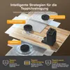 A layered diagram illustrating different cleaning strategies for a robot vacuum cleaner on various floor types, including carpet and wood. Produktbild-Vorschau