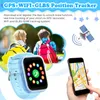 A smartwatch for children with GPS tracking features, shown alongside children wearing backpacks and a smartphone displaying a map. Produktbild-Vorschau
