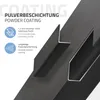 Close-up view of dark gray powder-coated steel profiles, with text describing material and coating. Produktbild-Vorschau