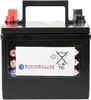 A black car battery with a white label and red and black terminals. Náhled obrázku produktu