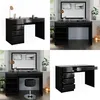 Collage of a black vanity desk with gold accents, shown from different angles and in different settings. Náhled obrázku produktu