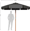 A grey umbrella is shown next to a silhouette of a person, with dimensions indicated.