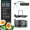Collage showing an egg cooker and its components, with boiled eggs in the foreground. Produktbild-Vorschau