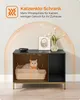 A cat is inside a cabinet designed to hide a litter box, with decorative items on top. Produktbild-Vorschau