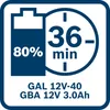 A graphic showing a battery icon with 80% charge, a clock face indicating 36 minutes, and text indicating product model information. Voir les images du produit