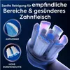 Close-up of a toothbrush head with detailed text and inset images highlighting features. Produktbild-Vorschau